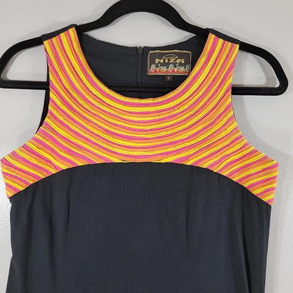 Vintage NIZA black cotton geometric shape sleeveless sheath dress - Picture 5 of 13